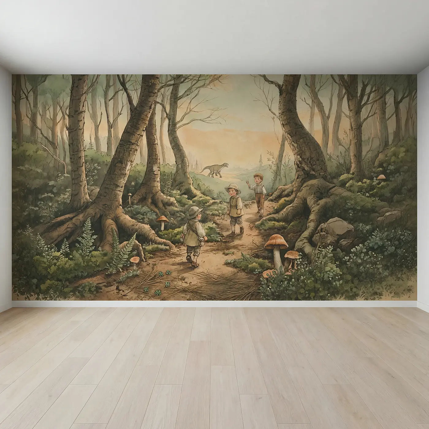 Full view of Brontosaurus Passing Forest Creating Wallpaper Mural by Whimsy Tots