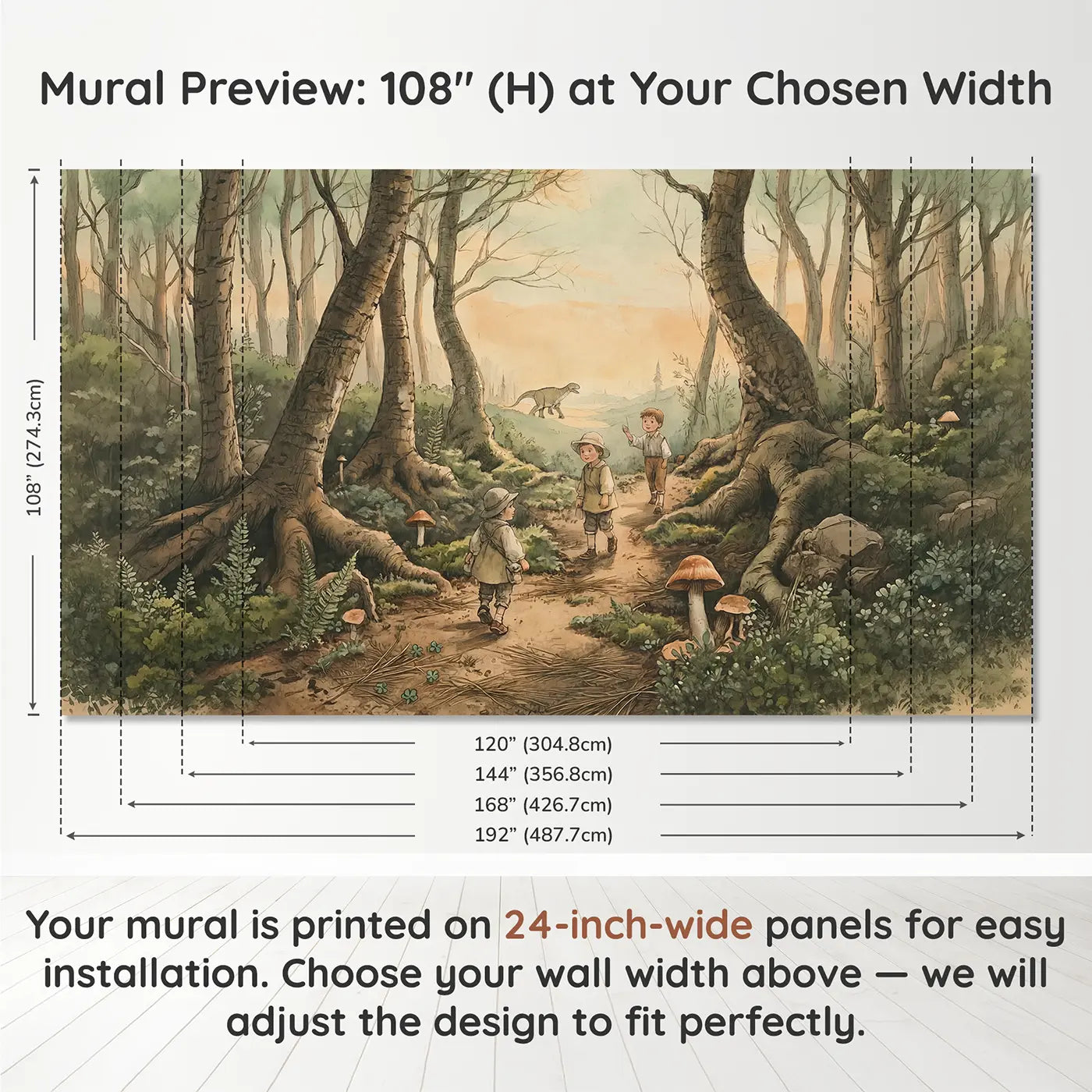 Panel layout and dimensions for Brontosaurus Passing Forest Creating Wallpaper Mural by Whimsy Tots