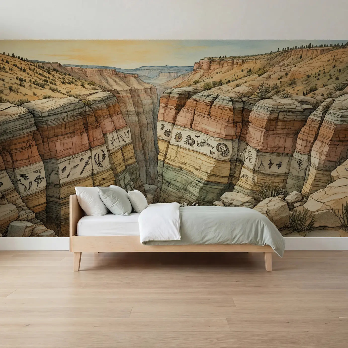 Storybook fossil canyon layers amber wallpaper mural for boys room by Whimsy Tots