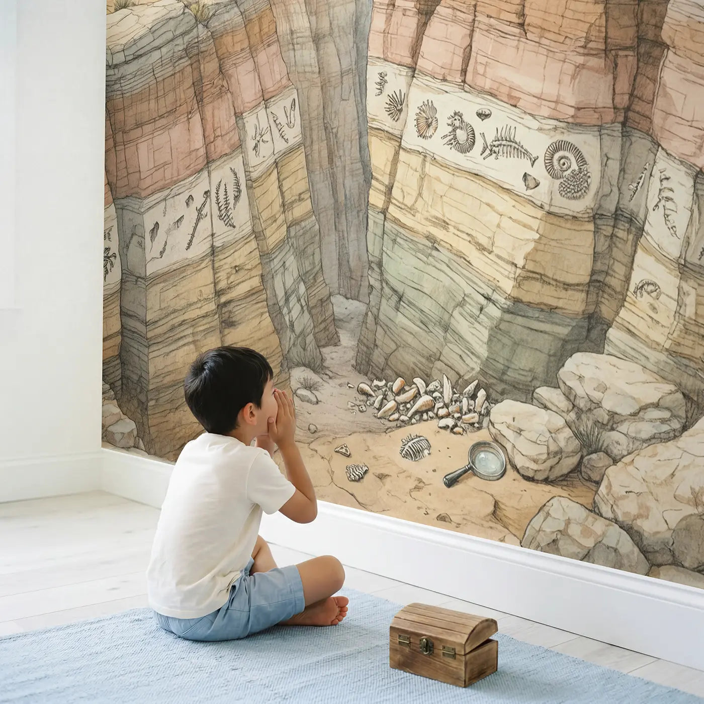 Child in nursery with Fossil Canyon Layers Wallpaper Mural by Whimsy Tots