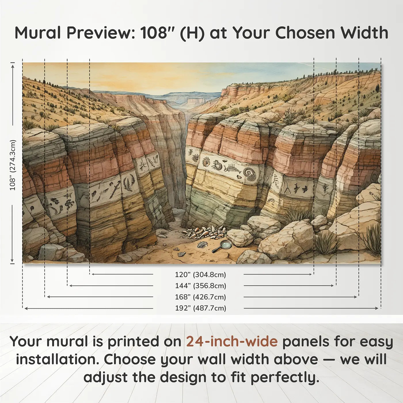 Panel layout and dimensions for Fossil Canyon Layers Wallpaper Mural by Whimsy Tots