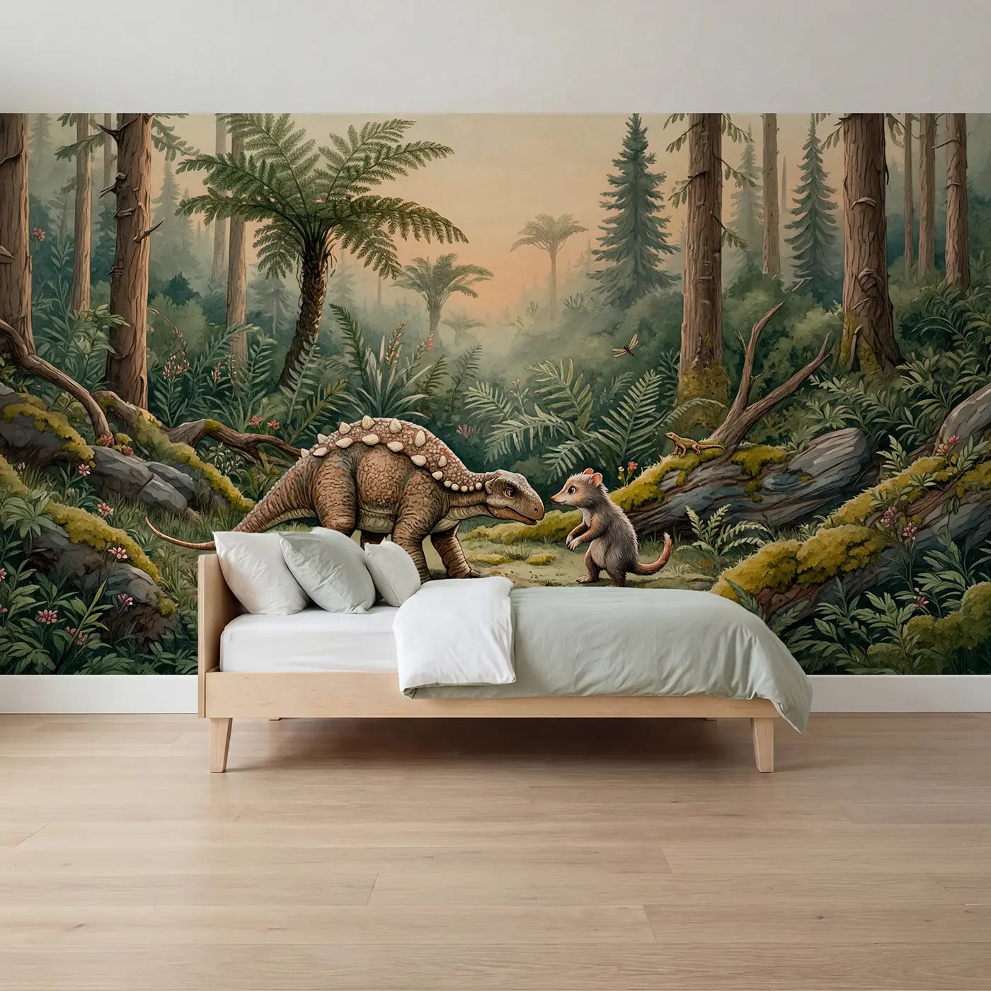Storybook dinosaur mammal prehistoric clearing wallpaper mural for boys room by Whimsy Tots