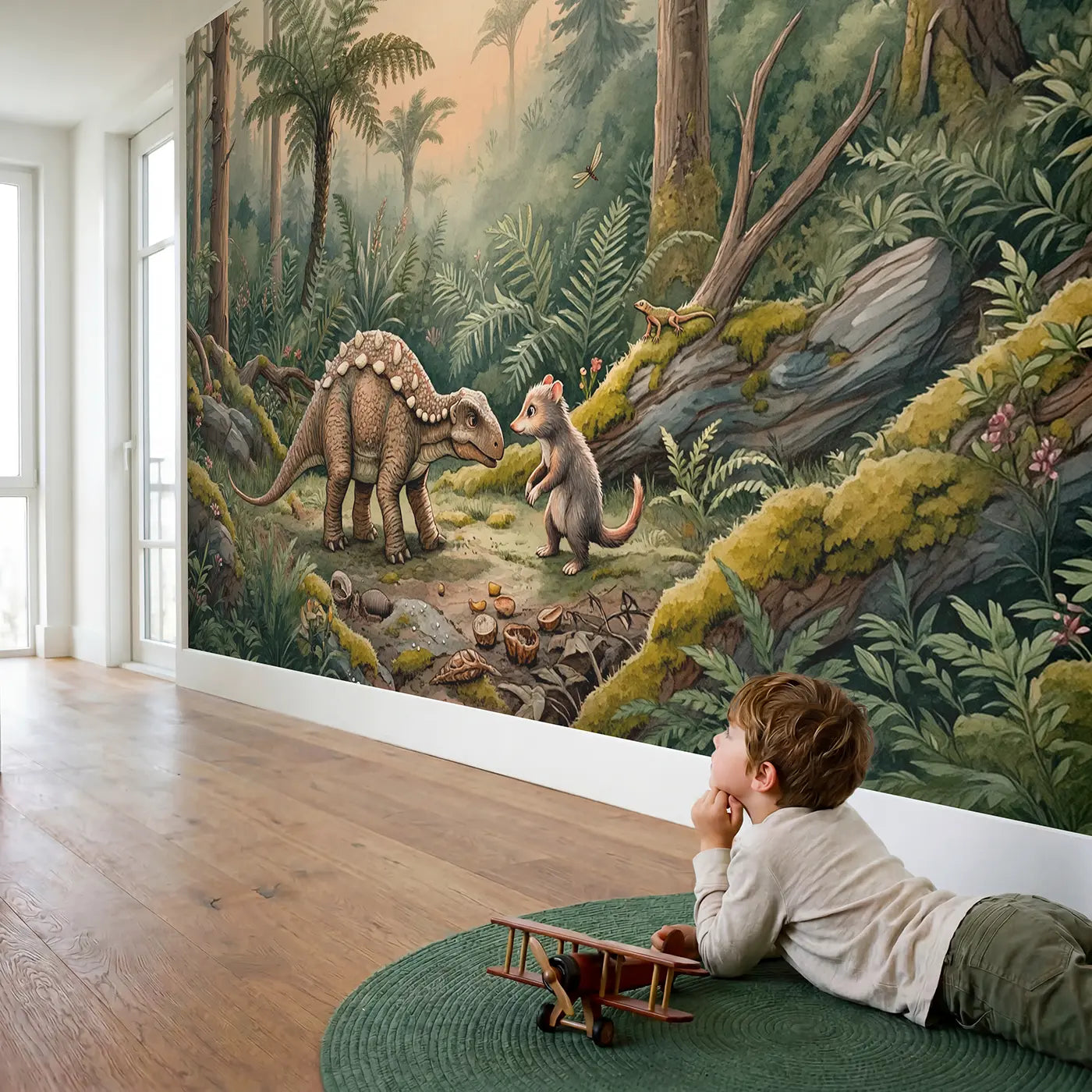 Child in nursery with Dinosaur and Mammal First Meeting Wallpaper Mural by Whimsy Tots