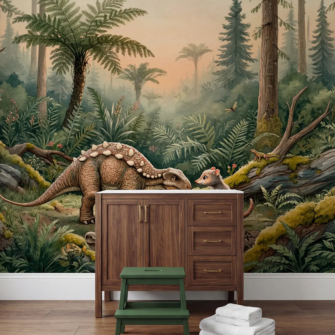 Dinosaur and Mammal First Meeting Wallpaper Mural in playroom setting by Whimsy Tots
