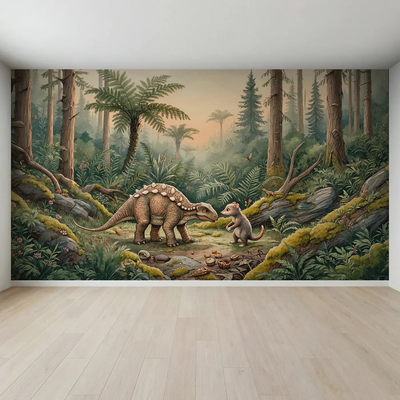Full view of Dinosaur and Mammal First Meeting Wallpaper Mural by Whimsy Tots