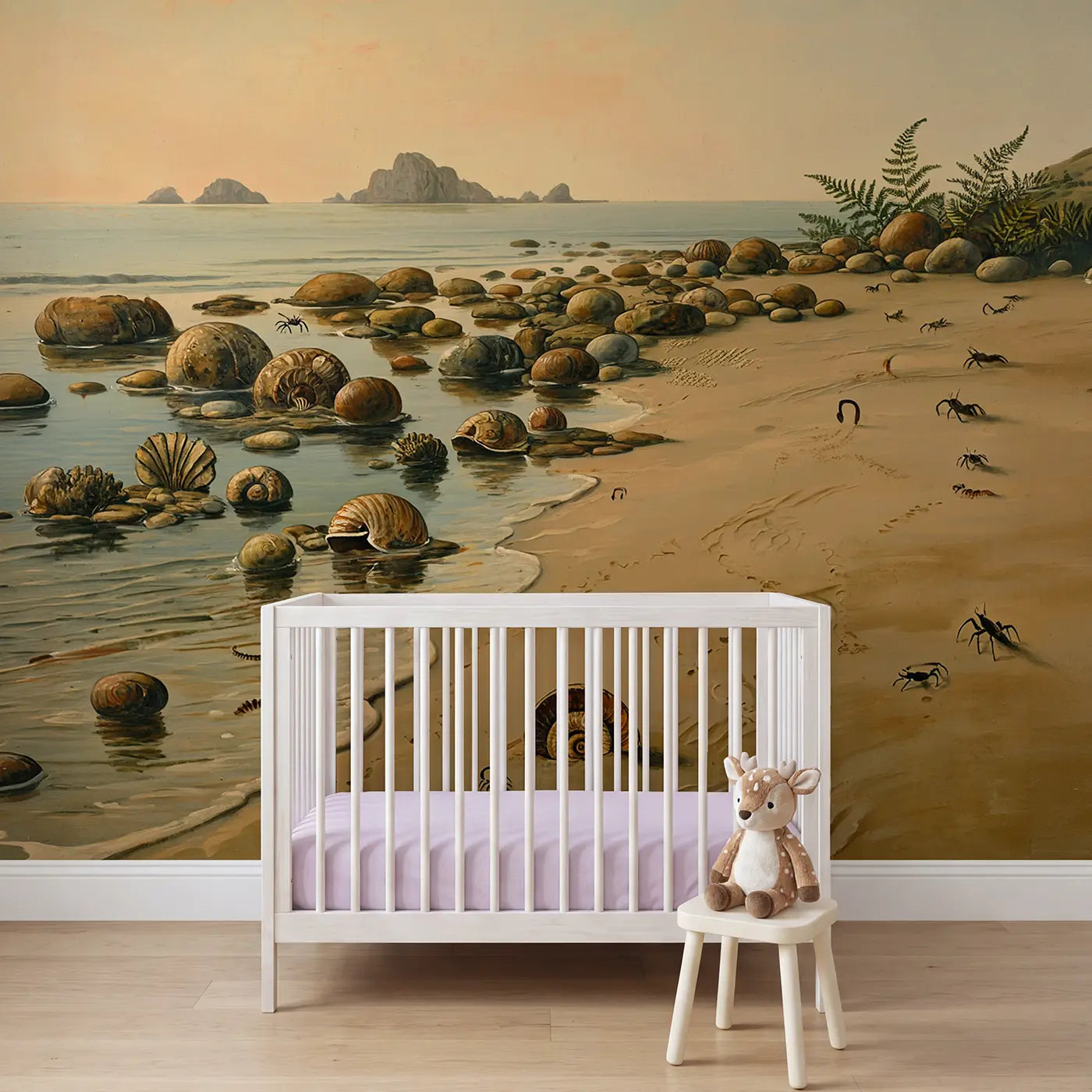 Painted landscape fossil fern prehistoric shore wallpaper mural for girls room by Whimsy Tots