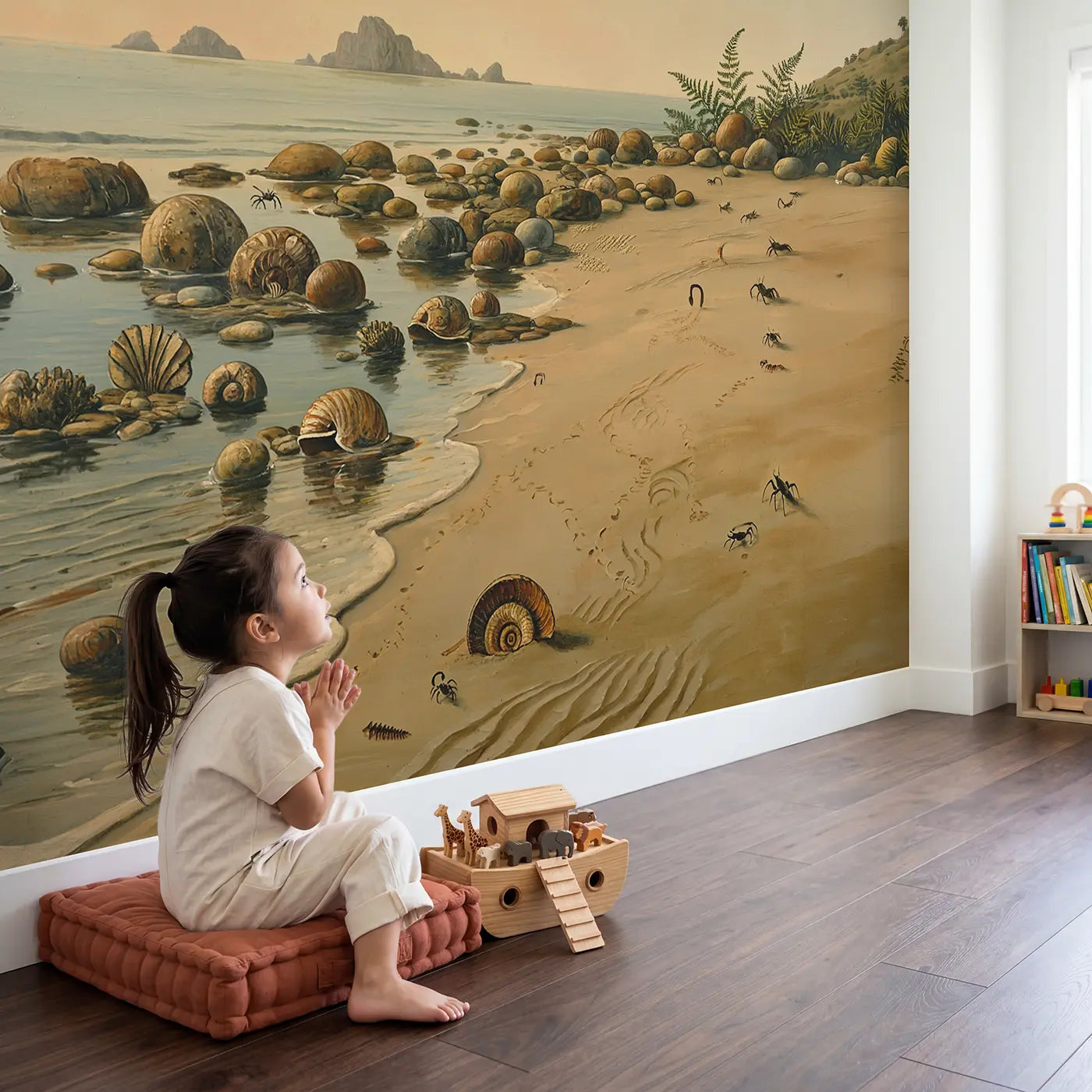 Child in nursery with Prehistoric Shore Fossils Wallpaper Mural by Whimsy Tots