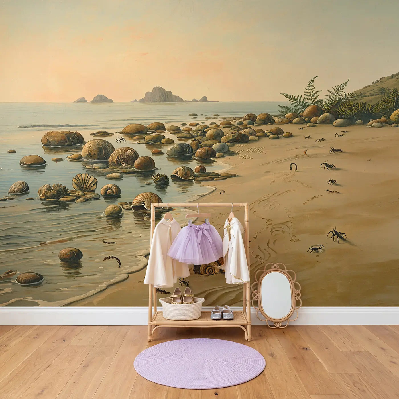 Prehistoric Shore Fossils Wallpaper Mural in playroom setting by Whimsy Tots