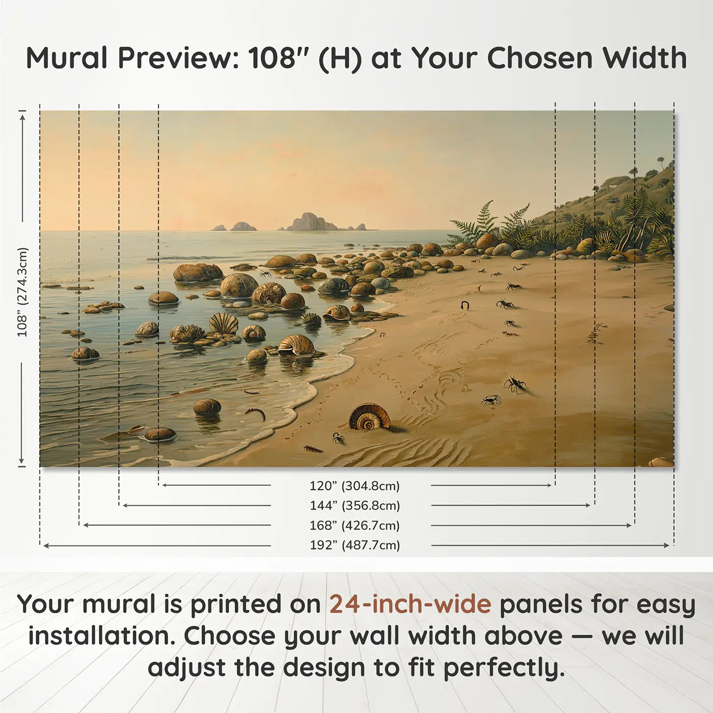 Panel layout and dimensions for Prehistoric Shore Fossils Wallpaper Mural by Whimsy Tots