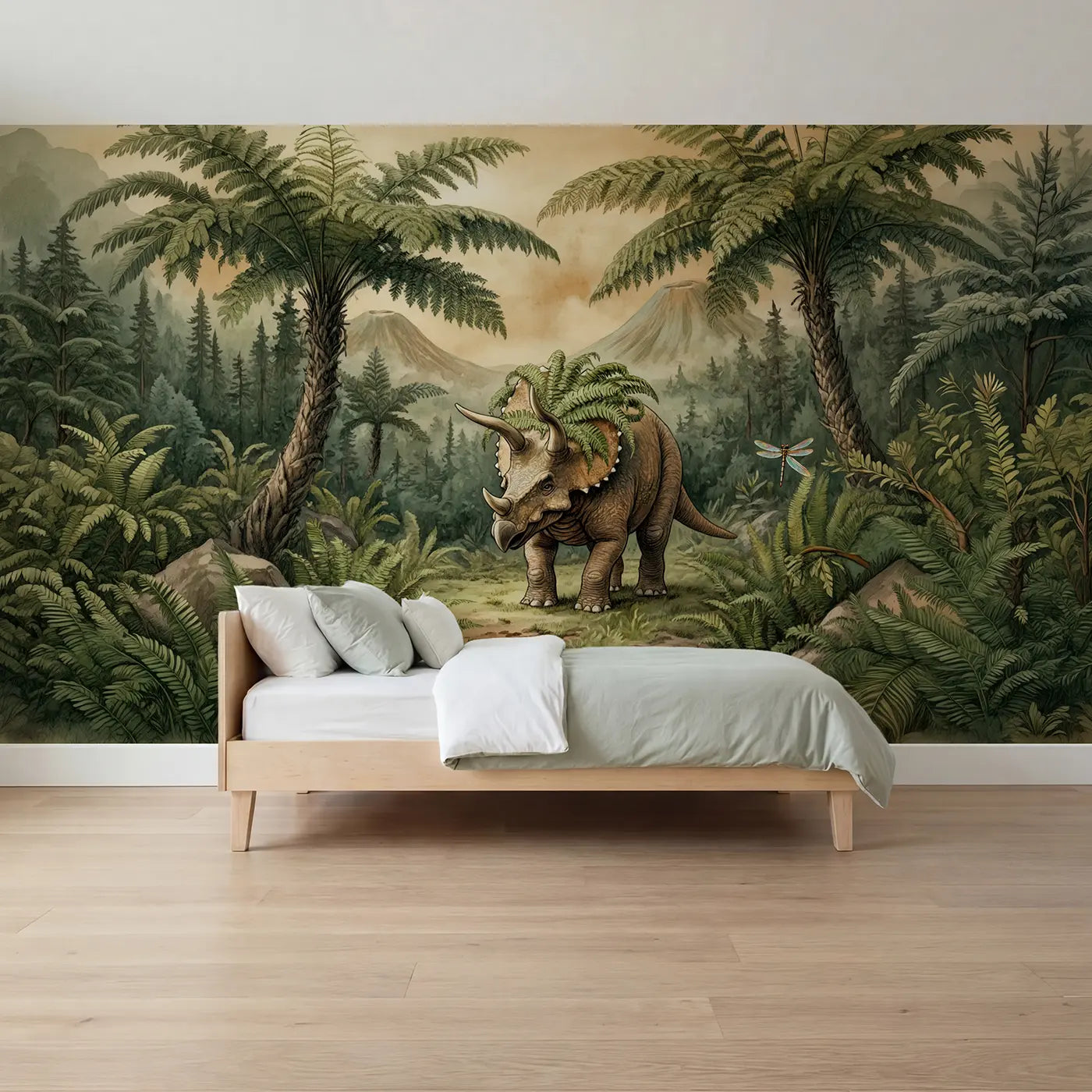 Storybook triceratops fern forest wallpaper mural for boys room by Whimsy Tots