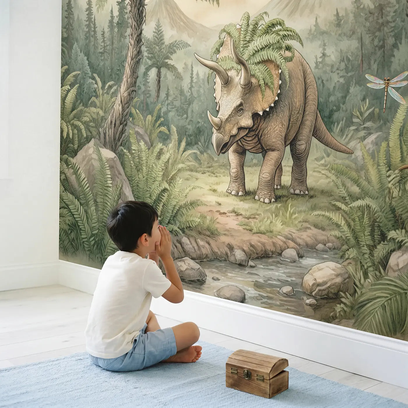 Child in nursery with Fern Crown Triceratops Wallpaper Mural by Whimsy Tots