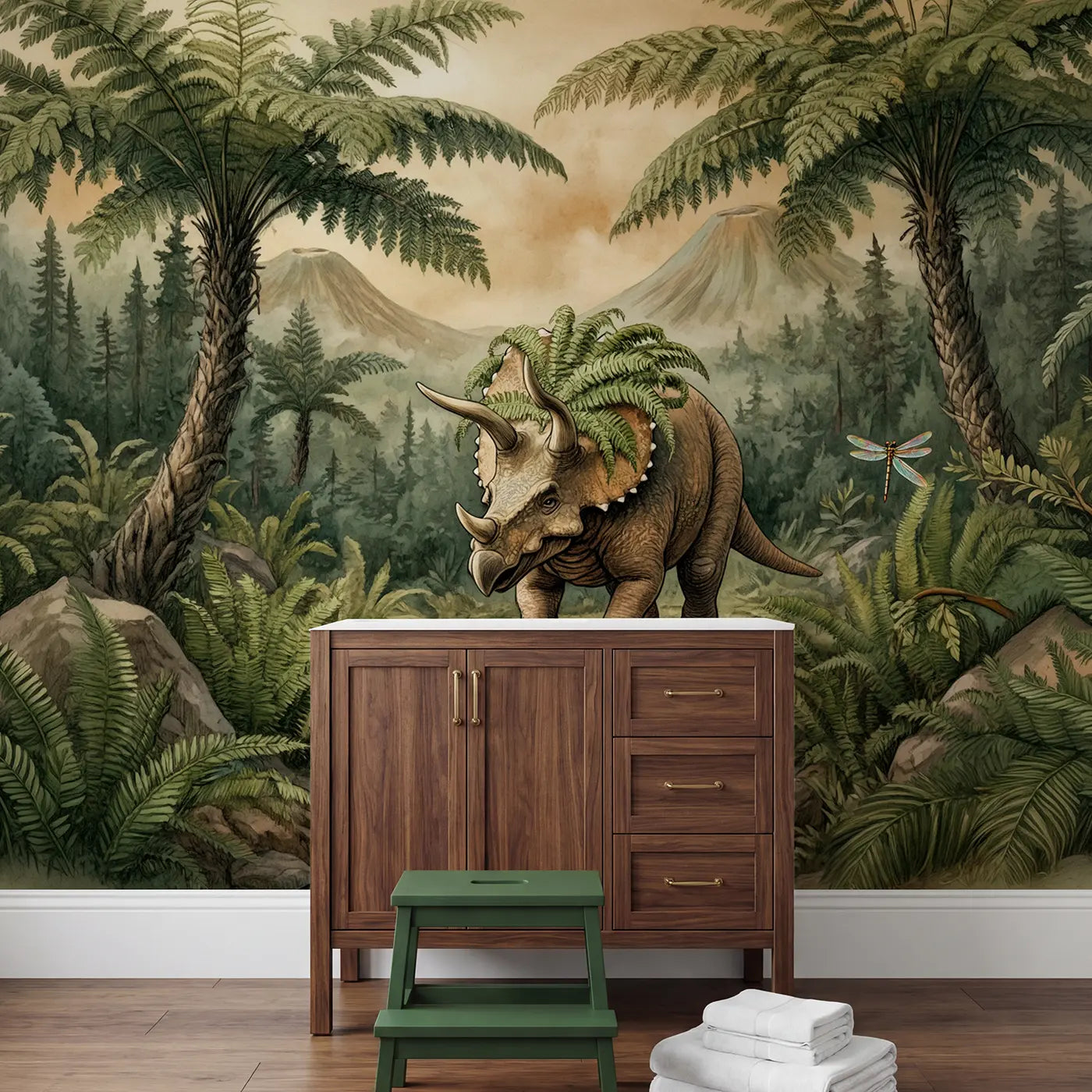 Fern Crown Triceratops Wallpaper Mural in playroom setting by Whimsy Tots