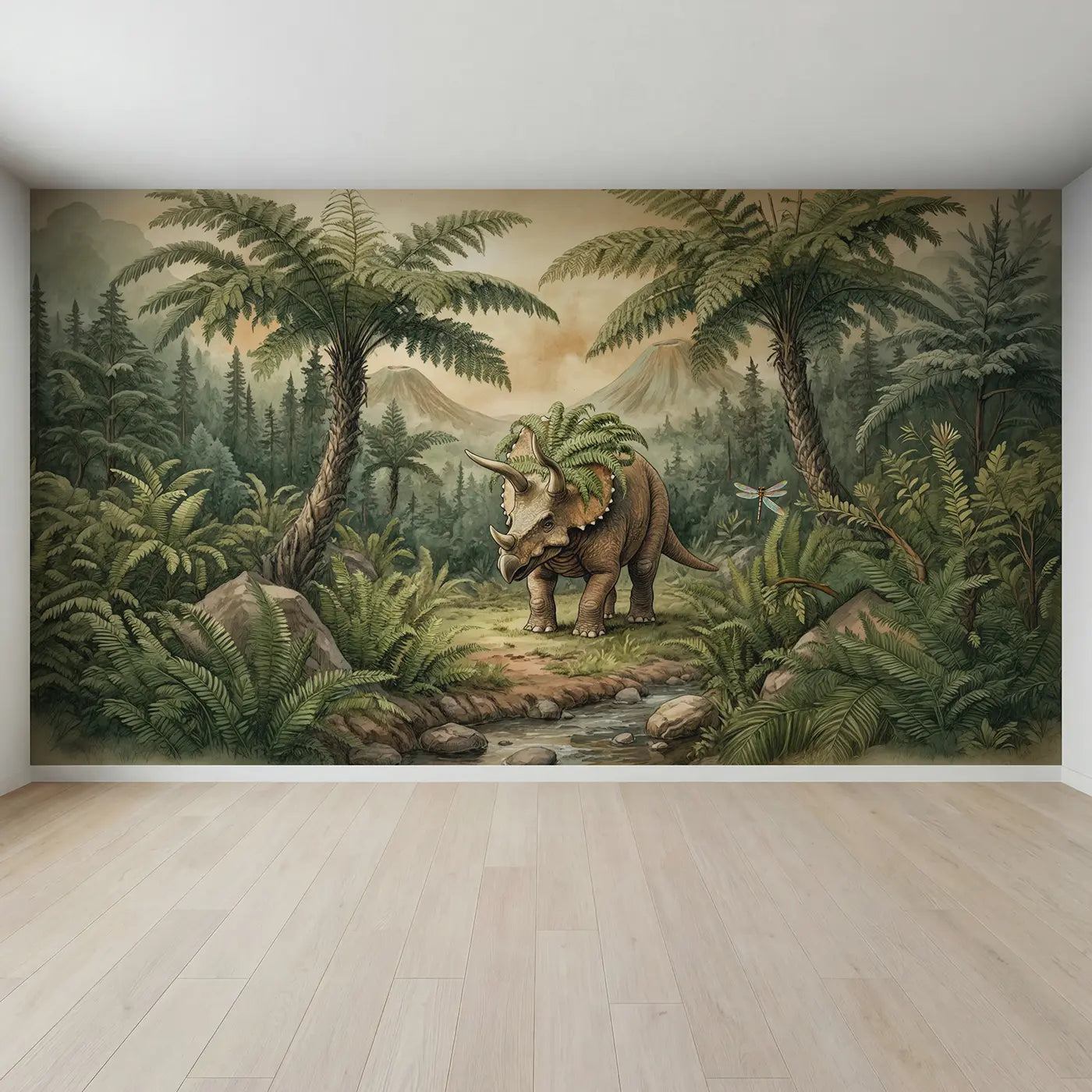Full view of Fern Crown Triceratops Wallpaper Mural by Whimsy Tots