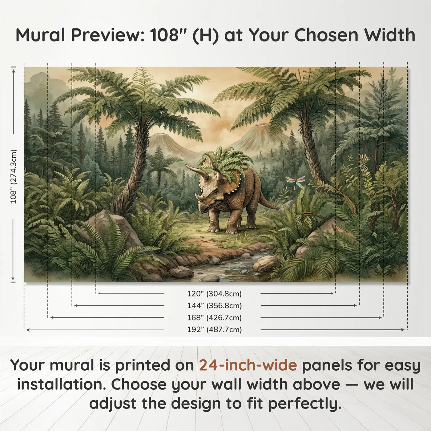 Panel layout and dimensions for Fern Crown Triceratops Wallpaper Mural by Whimsy Tots