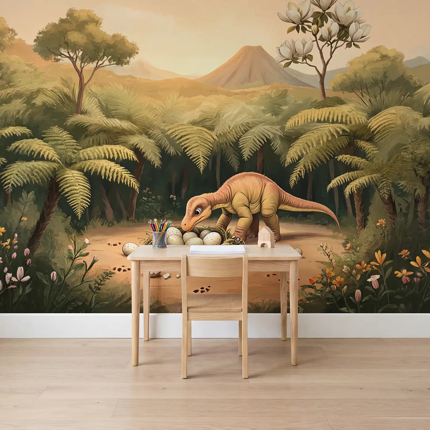 soft pastel baby diplodocus egg nest wallpaper mural for kids room by Whimsy Tots