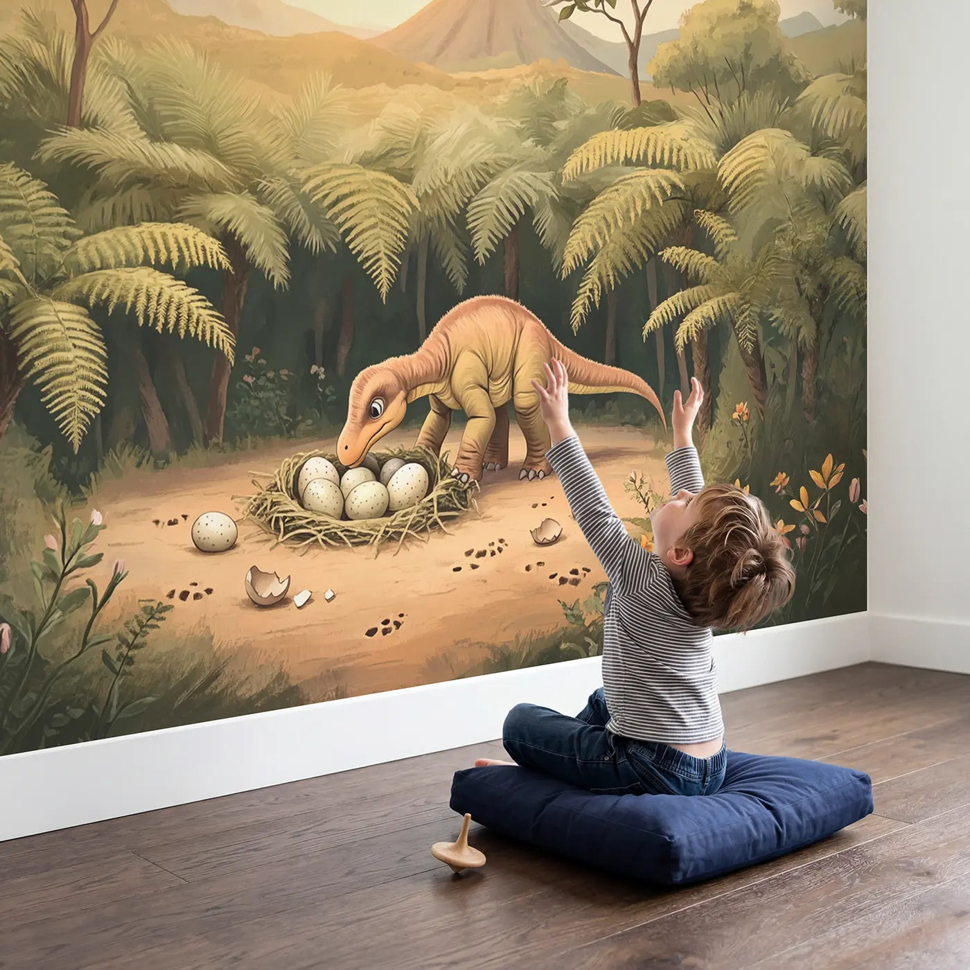 Child in nursery with Baby Diplodocus Egg Nest Wallpaper Mural by Whimsy Tots