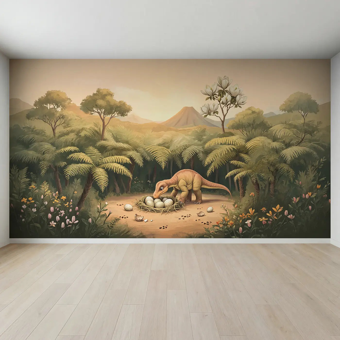 Full view of Baby Diplodocus Egg Nest Wallpaper Mural by Whimsy Tots