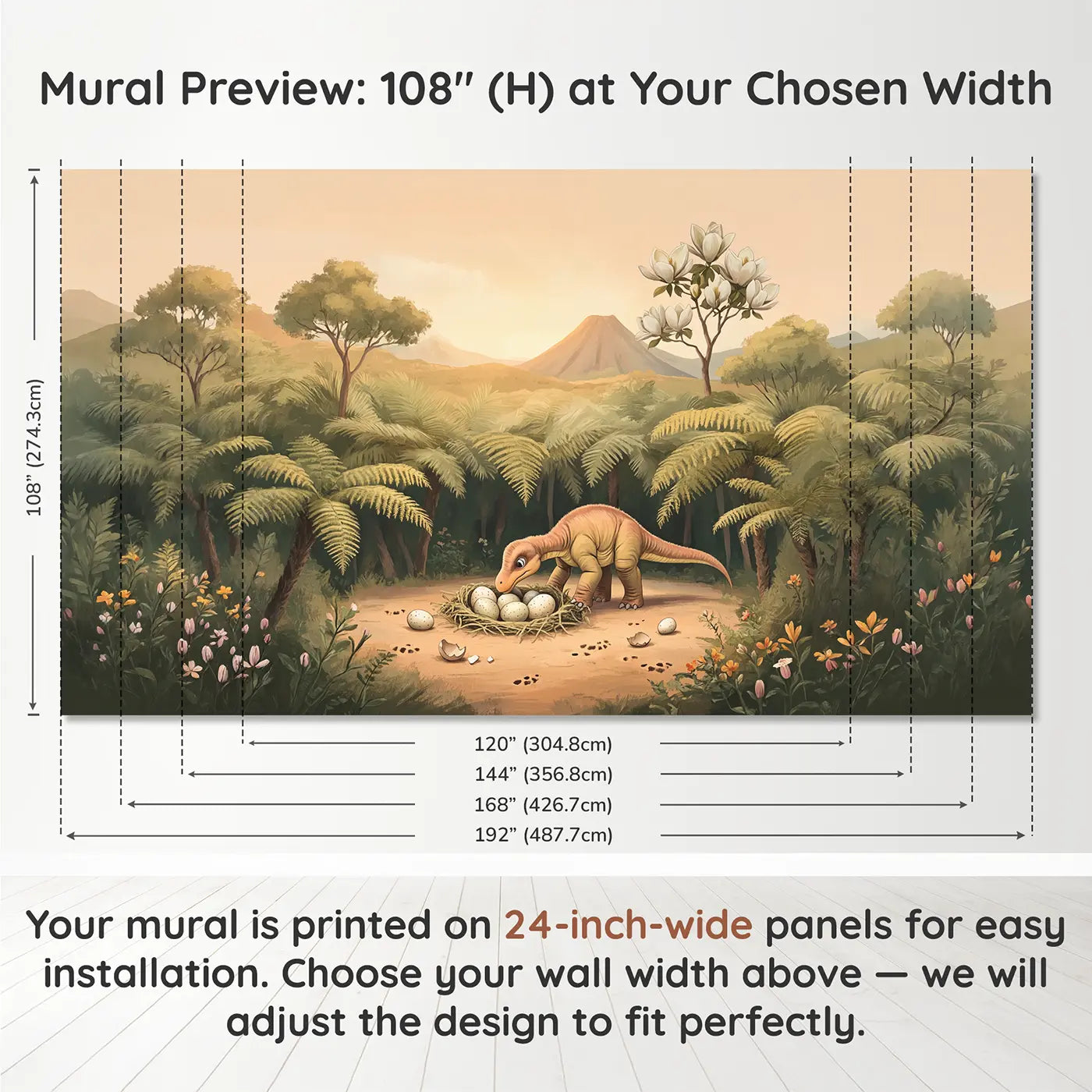 Panel layout and dimensions for Baby Diplodocus Egg Nest Wallpaper Mural by Whimsy Tots