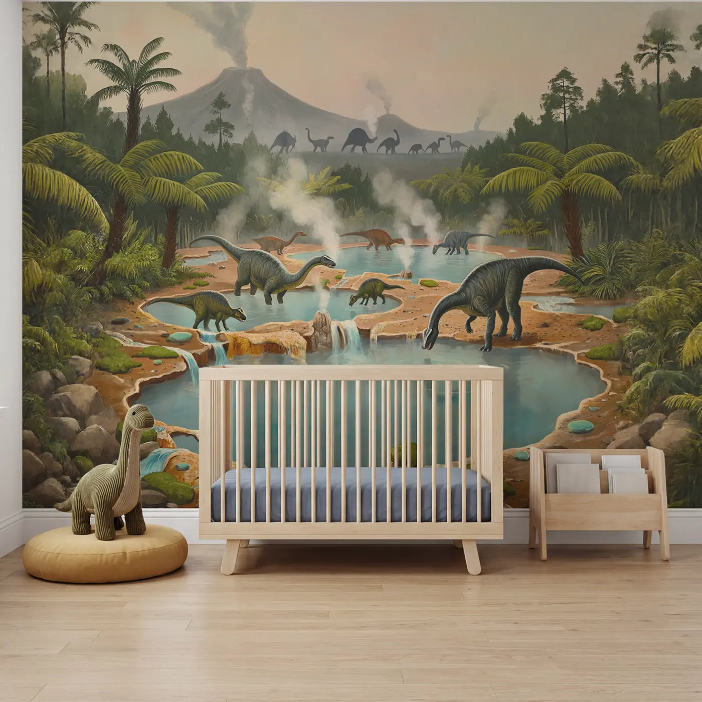 painted landscape dinosaurs hot spring prehistoric oasis wallpaper mural for nursery by Whimsy Tots