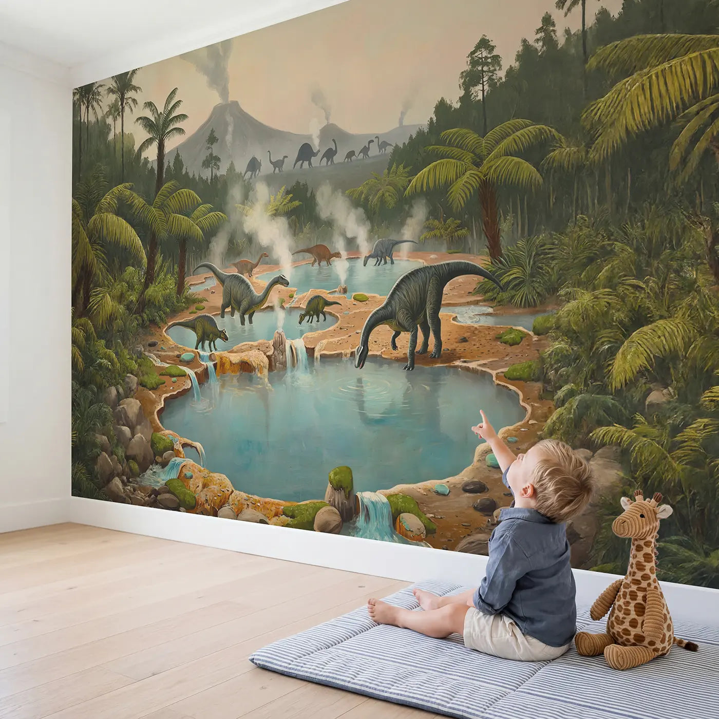 Child in nursery with Dinosaur Hot Spring Oasis Wallpaper Mural by Whimsy Tots