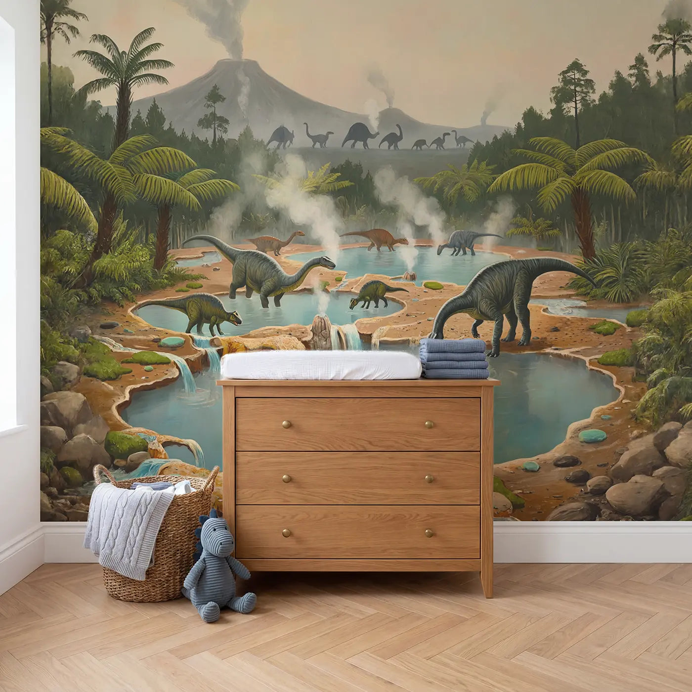 Dinosaur Hot Spring Oasis Wallpaper Mural in playroom setting by Whimsy Tots
