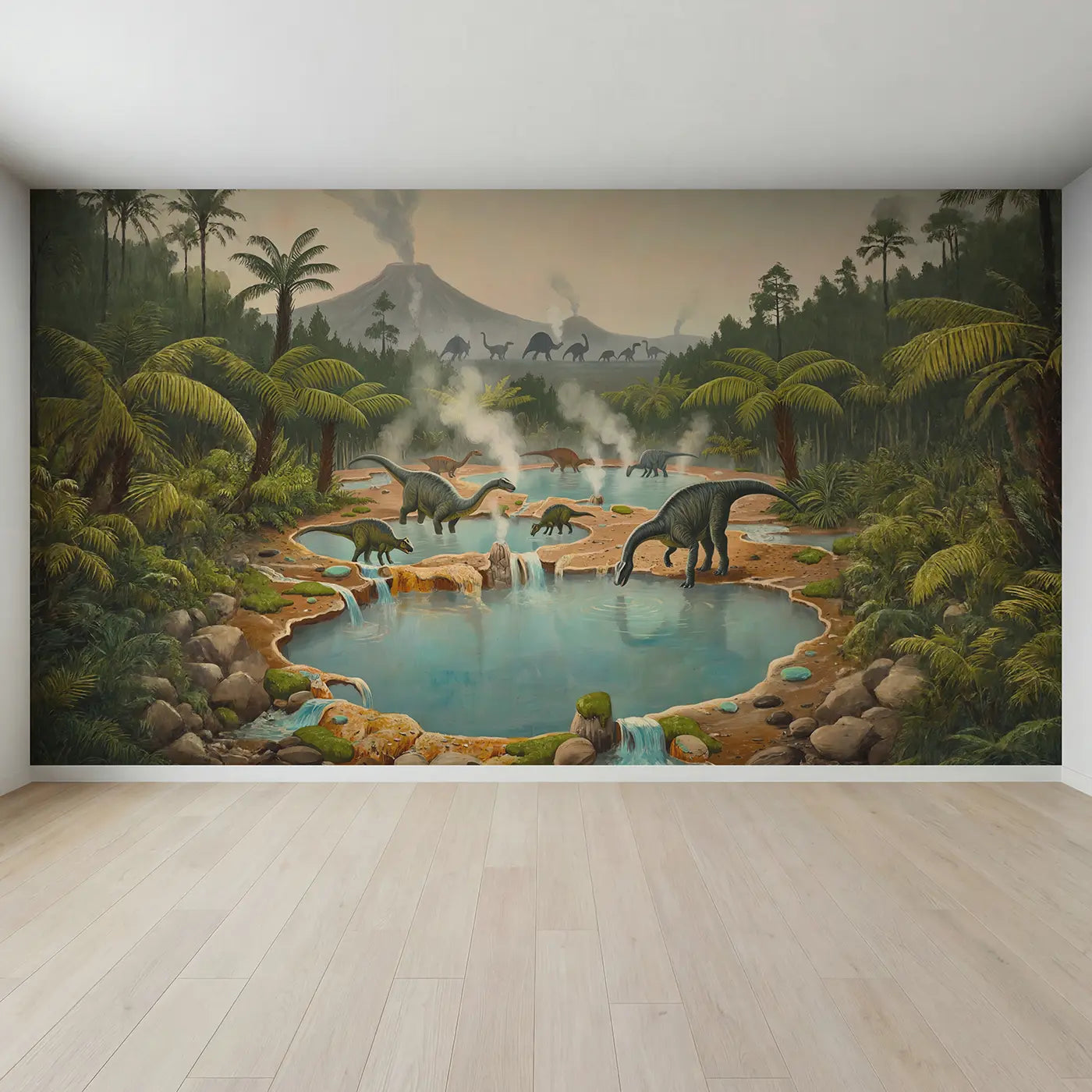 Full view of Dinosaur Hot Spring Oasis Wallpaper Mural by Whimsy Tots