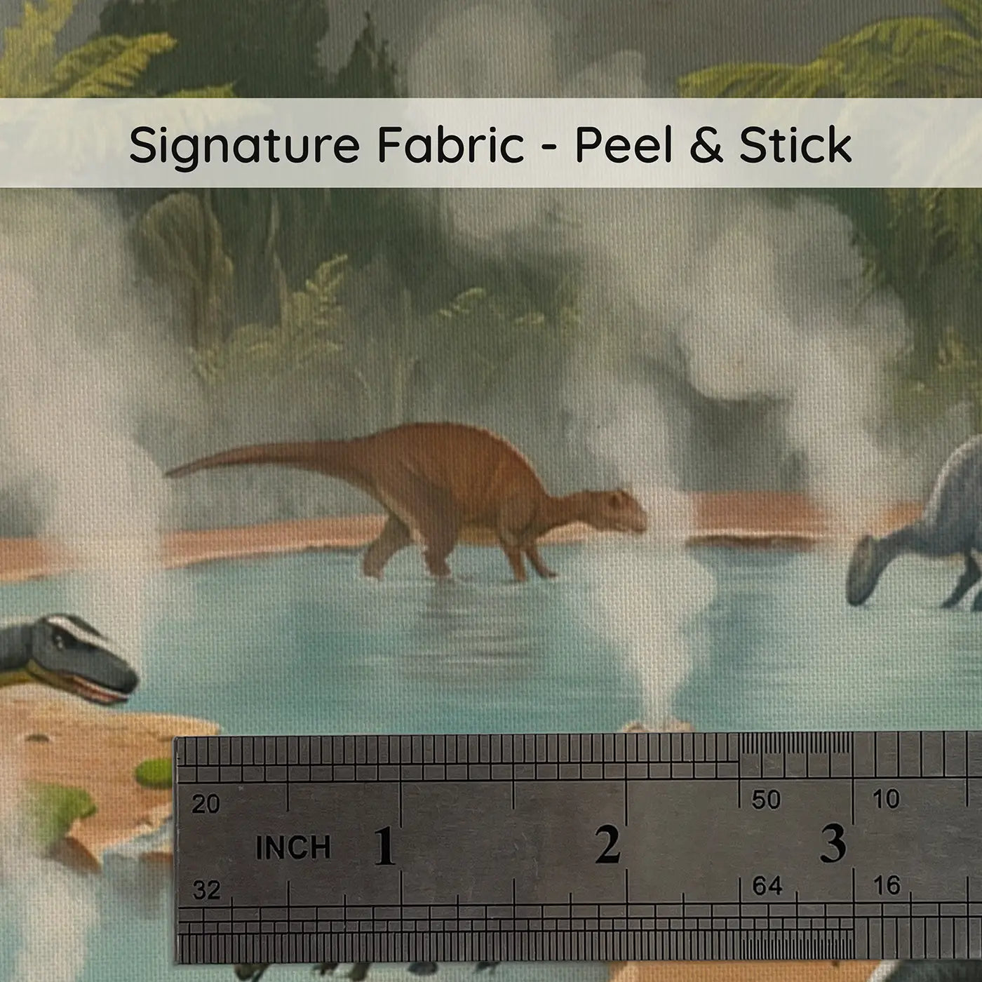 Fabric texture close-up of Dinosaur Hot Spring Oasis Wallpaper Mural by Whimsy Tots