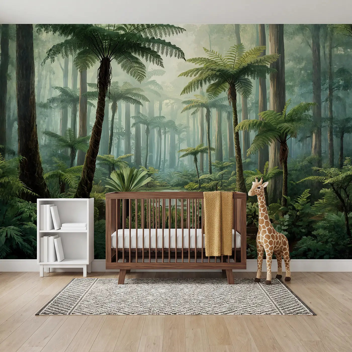 soft pastel jurassic fern forest dinosaur mural for kids room by Whimsy Tots