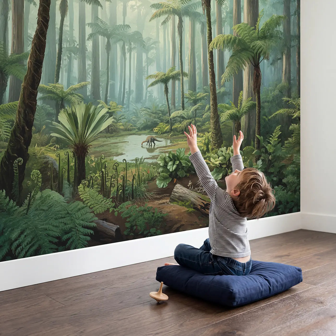Child in nursery with Jurassic Fern Forest Primeval Wallpaper Mural by Whimsy Tots