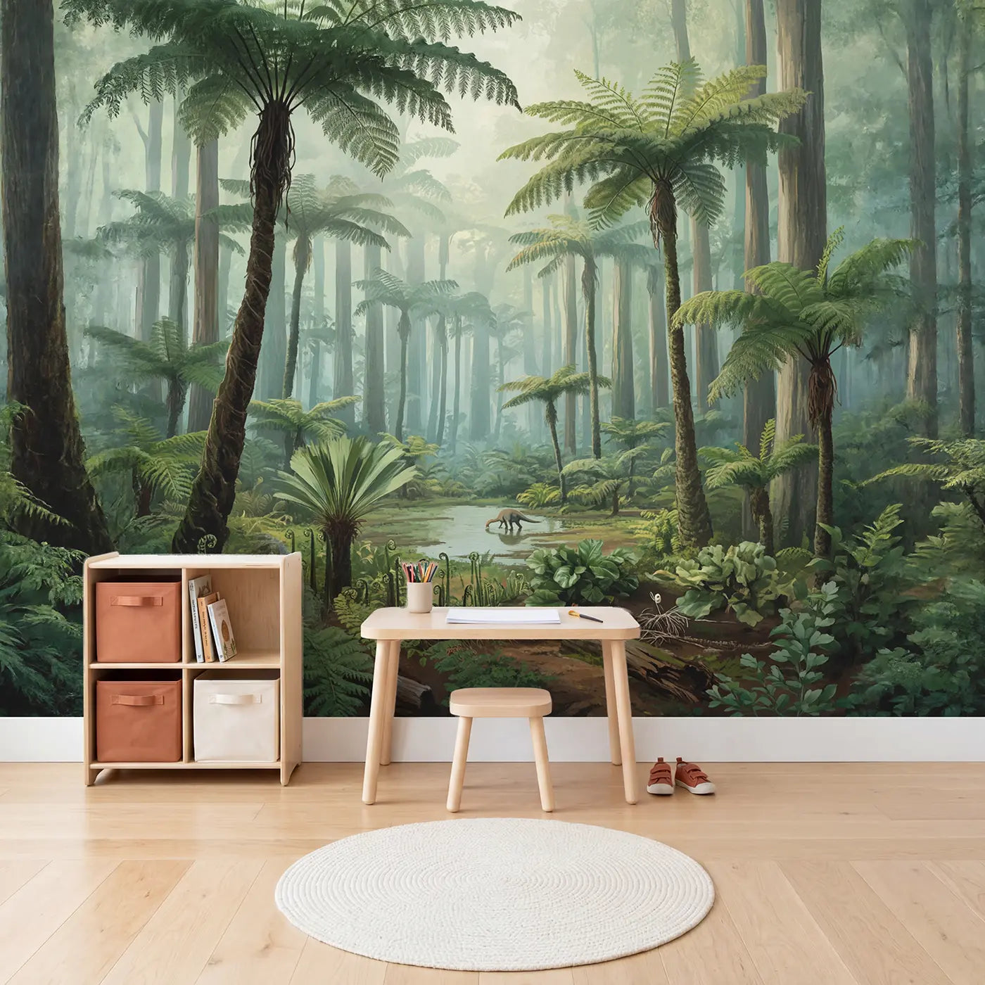 Jurassic Fern Forest Primeval Wallpaper Mural in playroom setting by Whimsy Tots