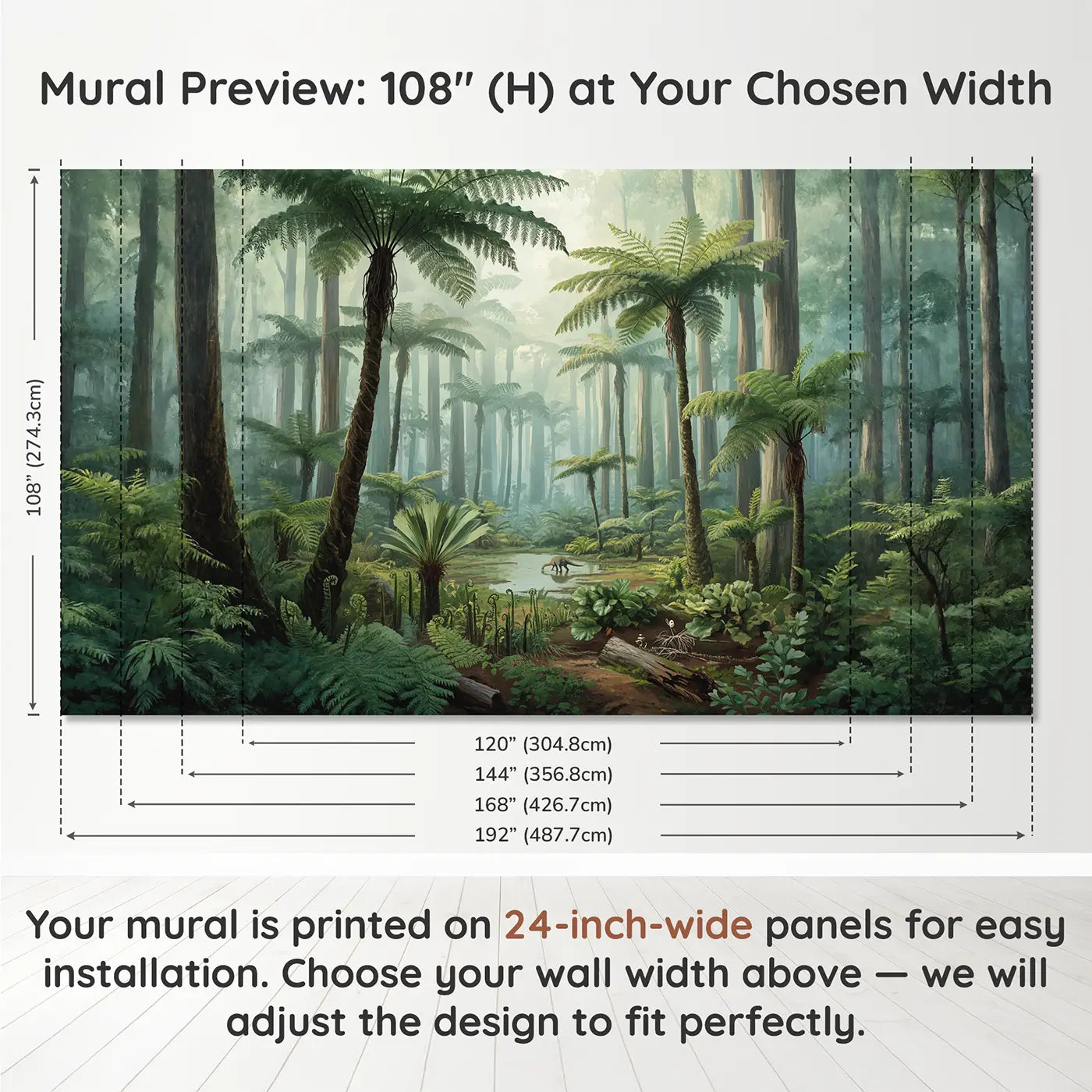 Panel layout and dimensions for Jurassic Fern Forest Primeval Wallpaper Mural by Whimsy Tots