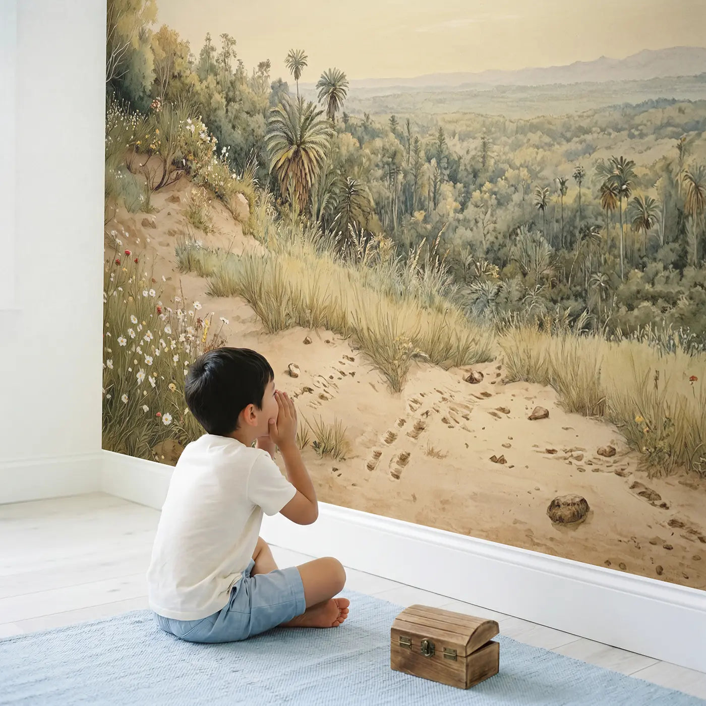 Child in nursery with Dense Cycad Horsetail Forest Wallpaper Mural by Whimsy Tots