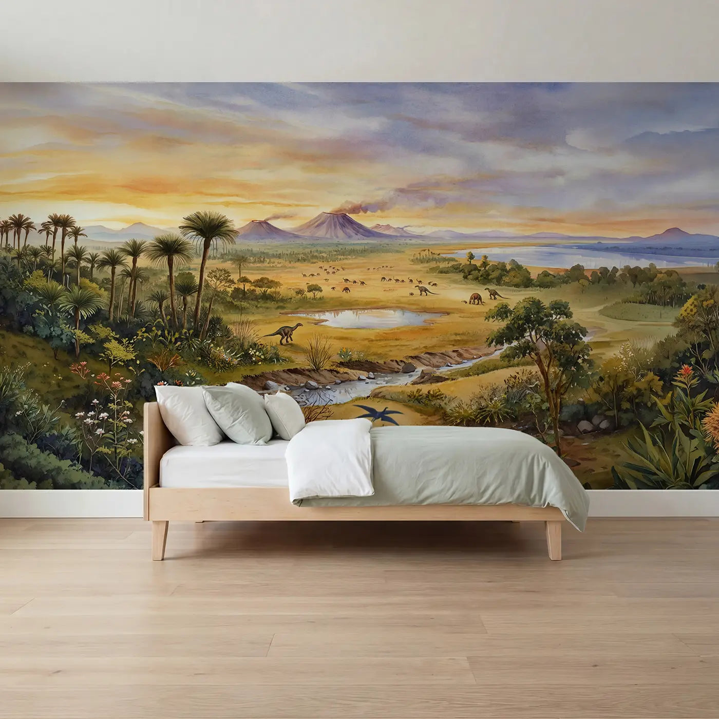 Watercolor prehistoric plains dinosaur valley wallpaper mural for boys room by Whimsy Tots