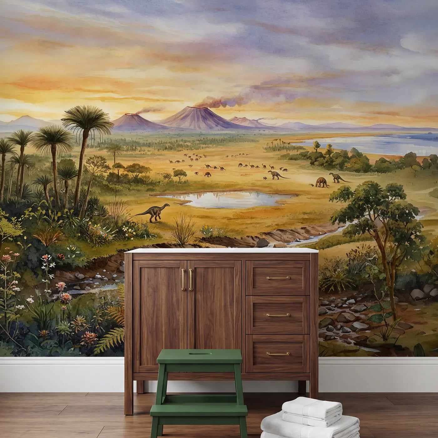 Prehistoric Plains Panorama Wallpaper Mural in playroom setting by Whimsy Tots