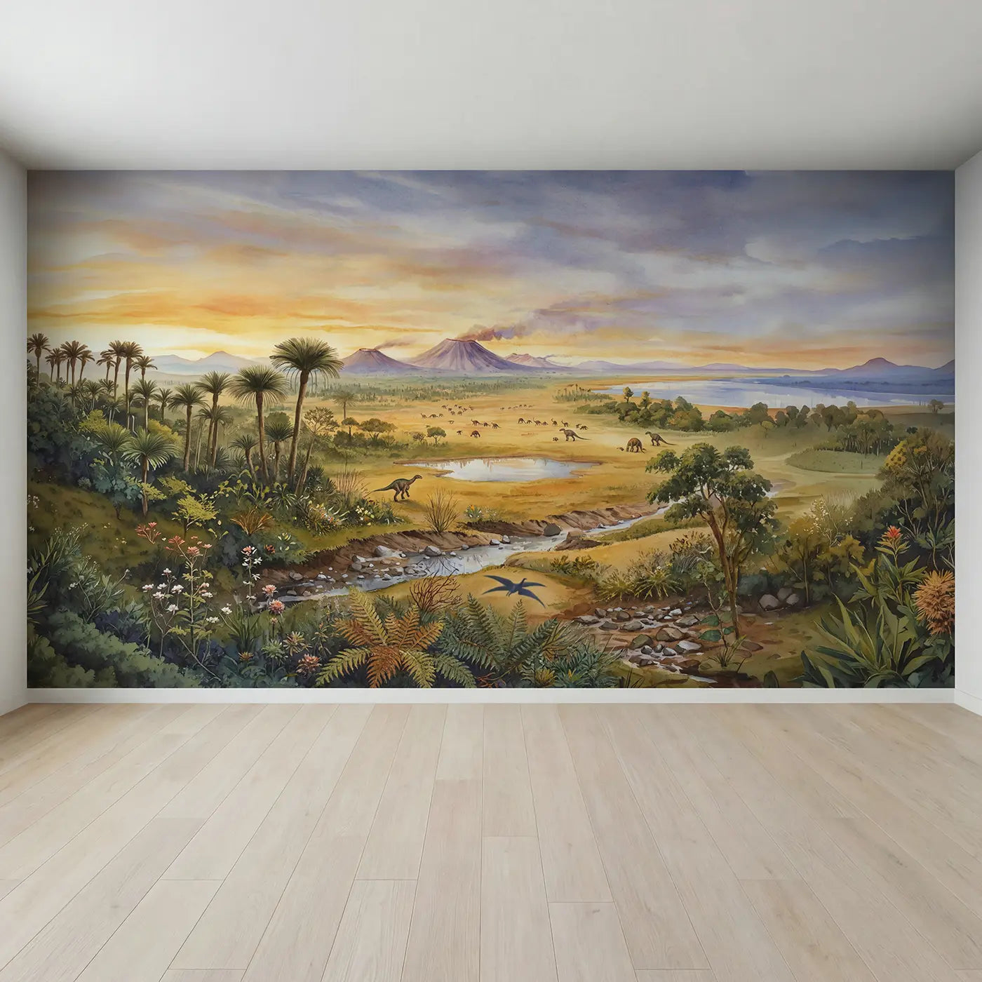 Full view of Prehistoric Plains Panorama Wallpaper Mural by Whimsy Tots