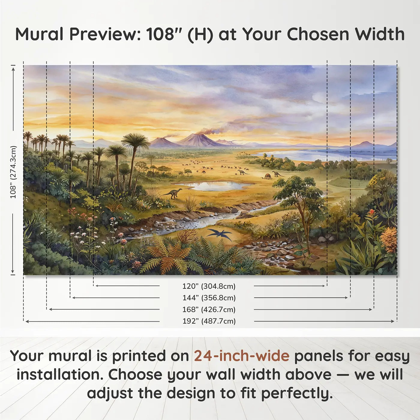 Panel layout and dimensions for Prehistoric Plains Panorama Wallpaper Mural by Whimsy Tots