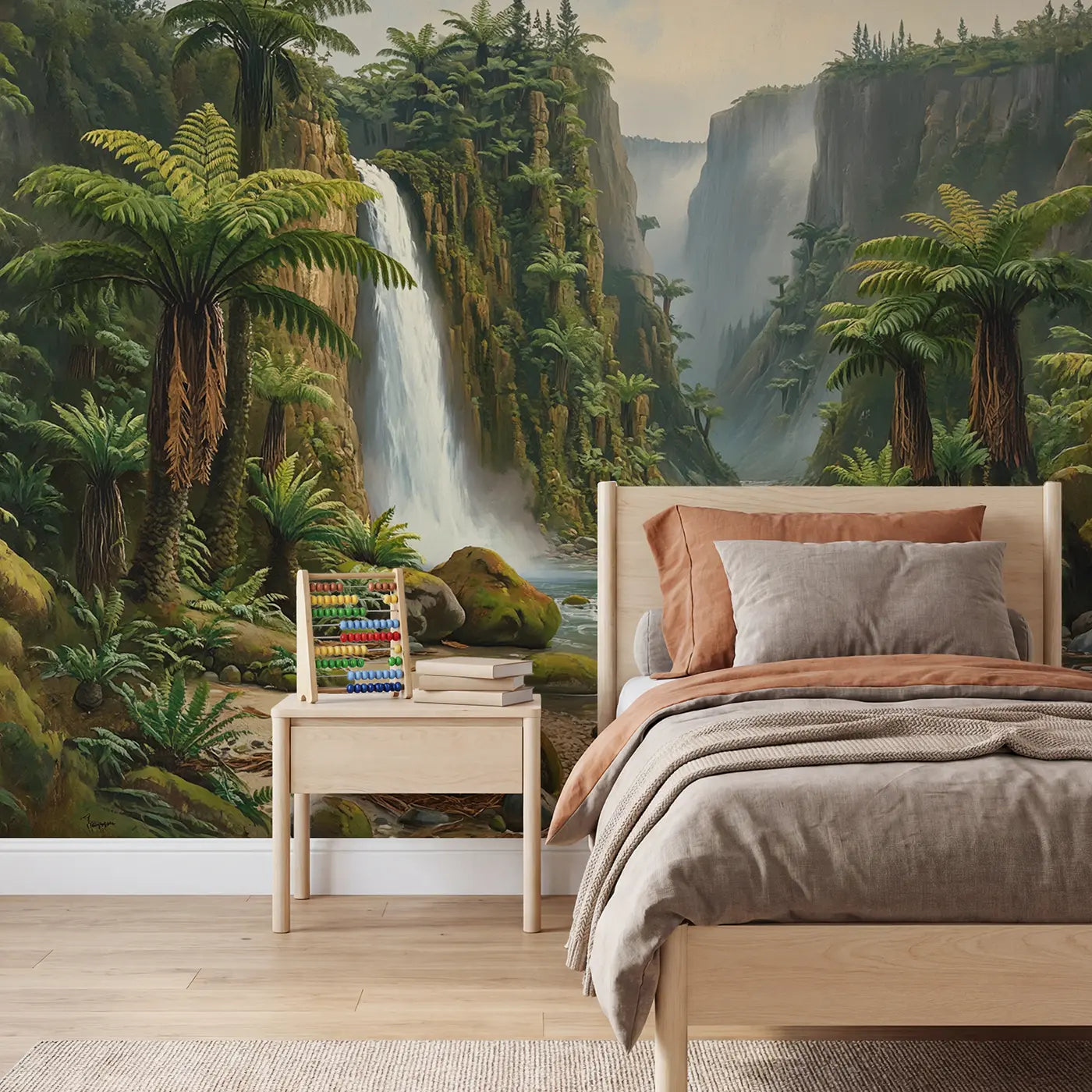 painted landscape prehistoric fern canyon waterfall wallpaper mural for kids room by Whimsy Tots