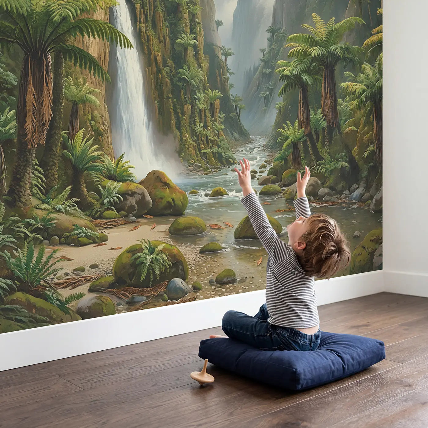 Child in nursery with Prehistoric Fern Canyon Falls Wallpaper Mural by Whimsy Tots