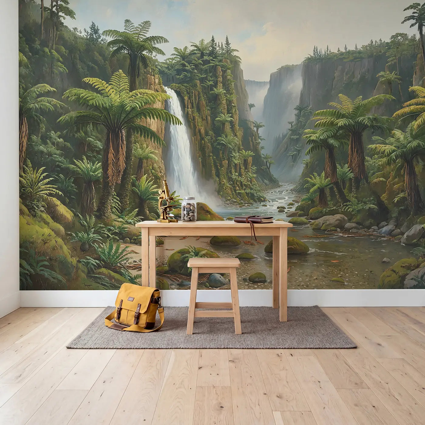 Prehistoric Fern Canyon Falls Wallpaper Mural in playroom setting by Whimsy Tots