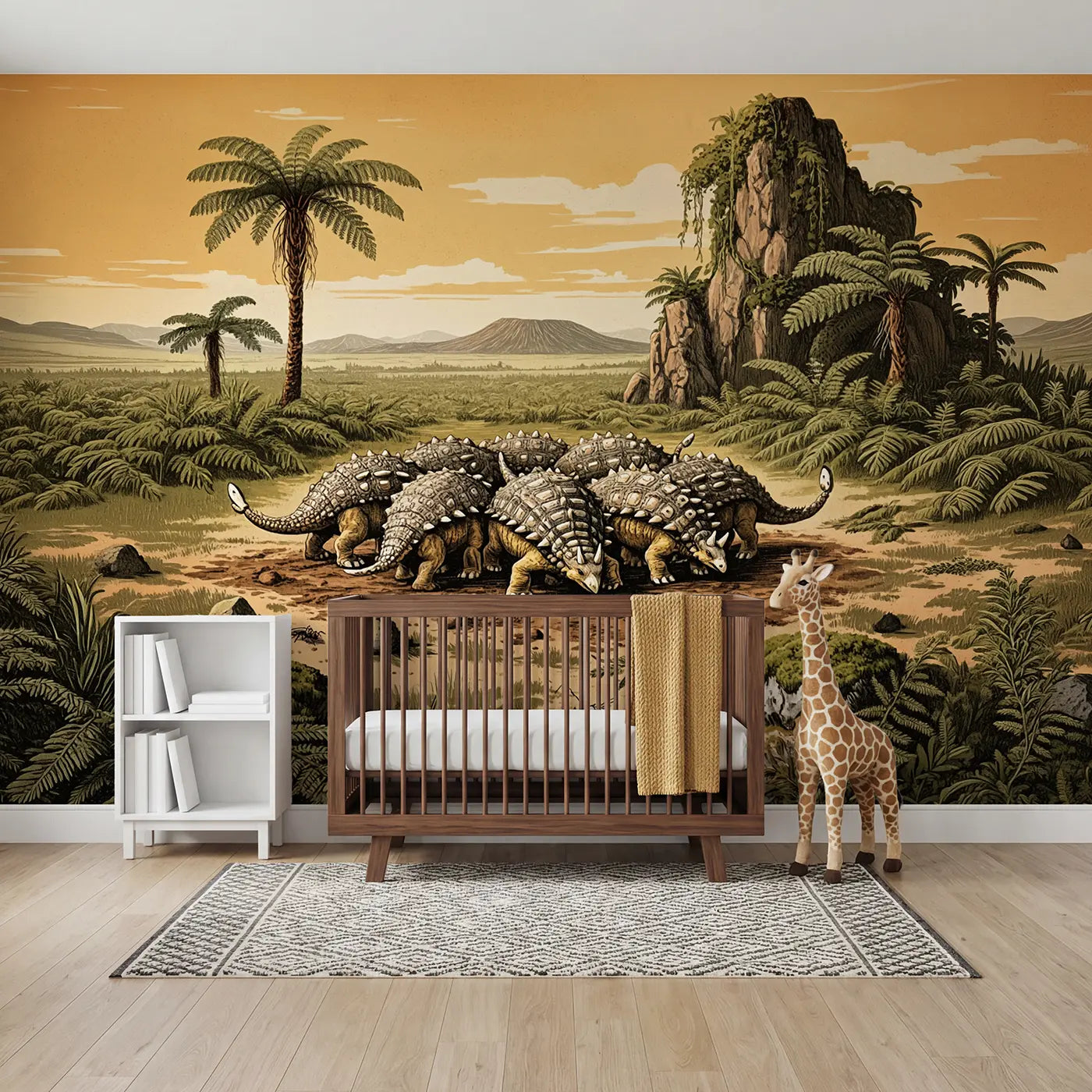 Block print ankylosaur dinosaurs in fern glade wallpaper mural for kids room by Whimsy Tots