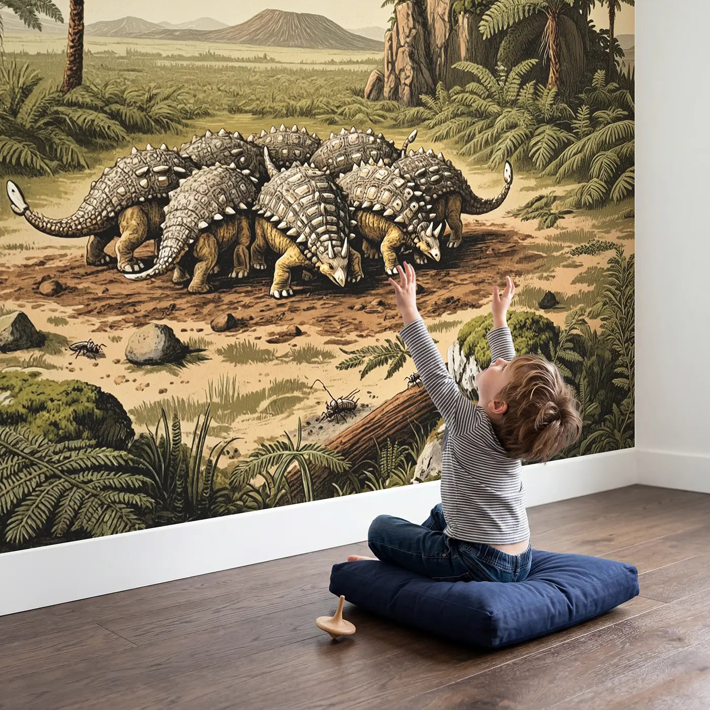Child in nursery with Ankylosaur Circle Guard Wallpaper Mural by Whimsy Tots