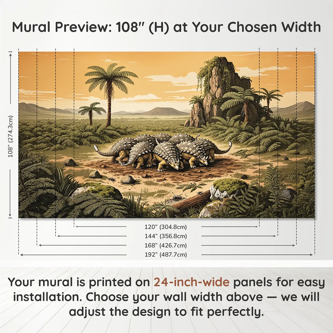 Panel layout and dimensions for Ankylosaur Circle Guard Wallpaper Mural by Whimsy Tots