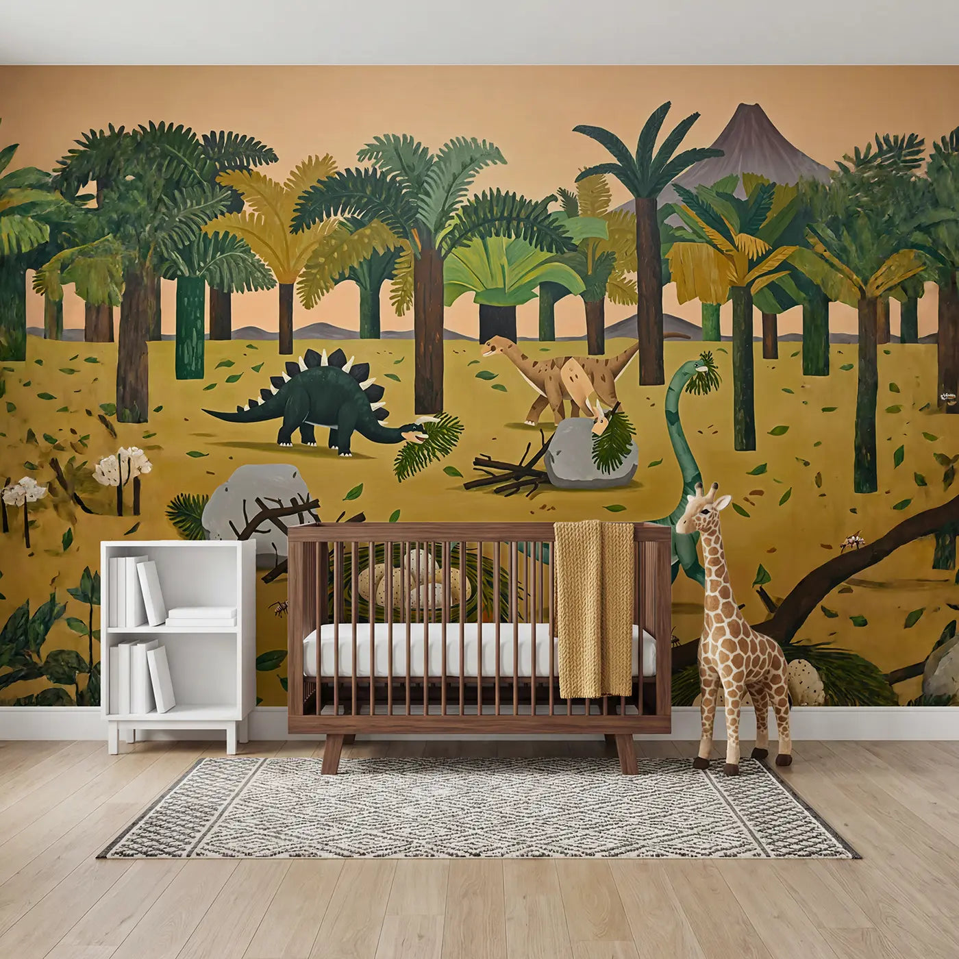 Modern illustration dinosaur nest giant fern wallpaper mural for kids room by Whimsy Tots