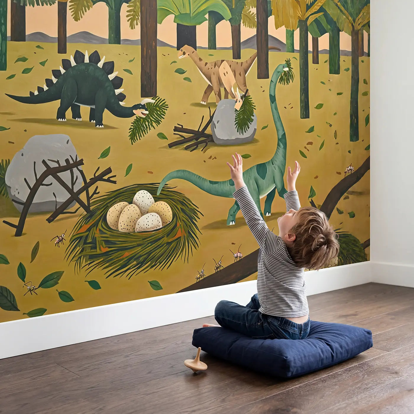 Child in nursery with Dinosaur Nest Builders Wallpaper Mural by Whimsy Tots