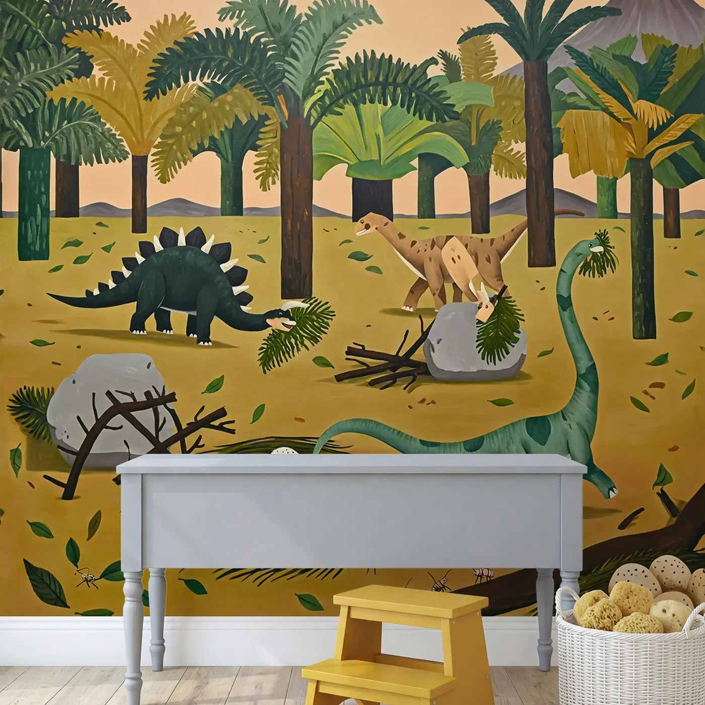 Dinosaur Nest Builders Wallpaper Mural in playroom setting by Whimsy Tots