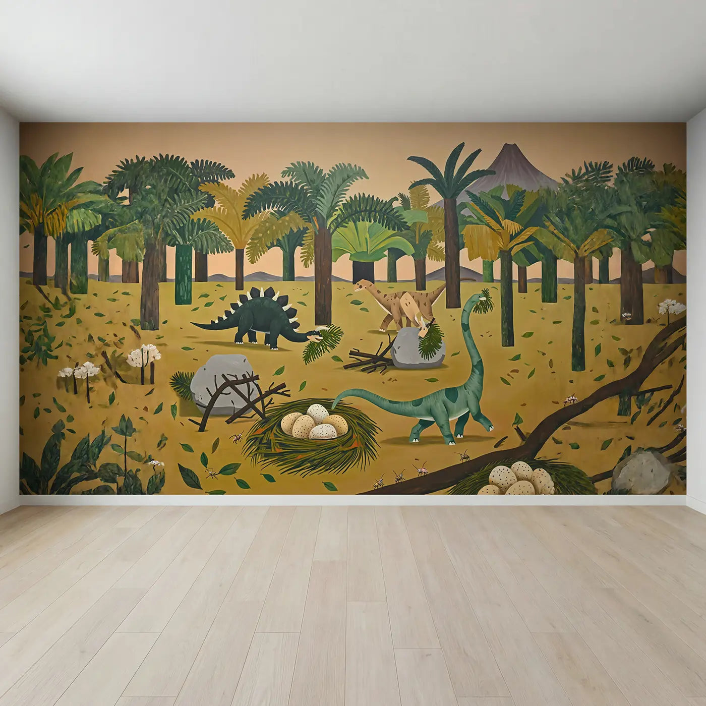 Full view of Dinosaur Nest Builders Wallpaper Mural by Whimsy Tots