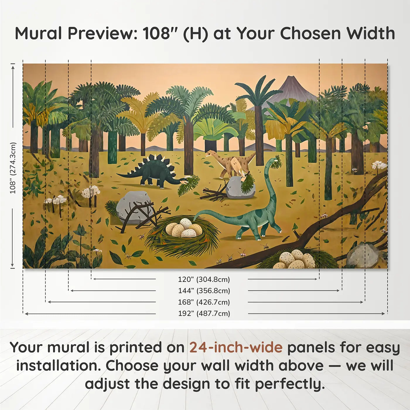 Panel layout and dimensions for Dinosaur Nest Builders Wallpaper Mural by Whimsy Tots