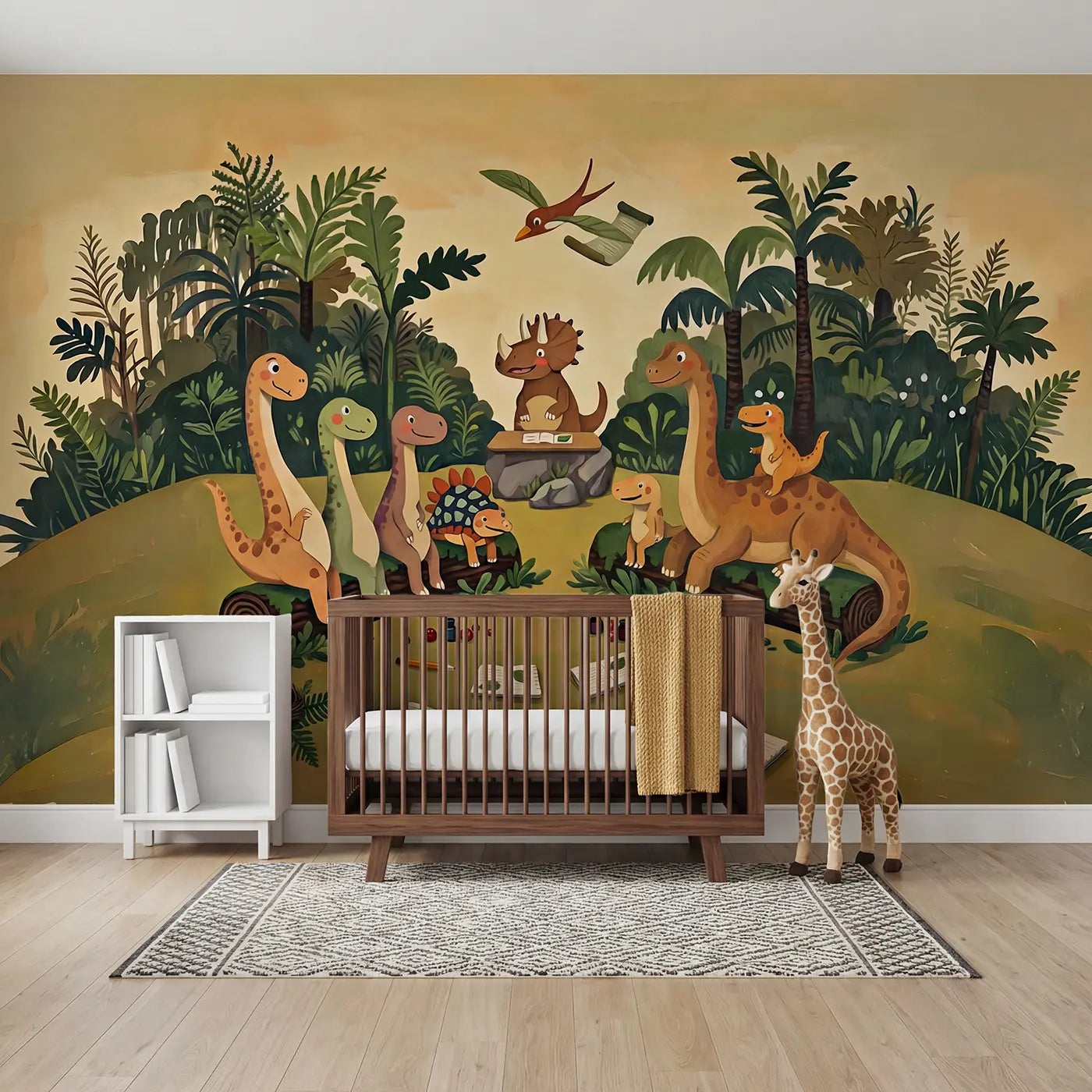Modern illustration baby dinosaur school fern wallpaper mural for kids room by Whimsy Tots