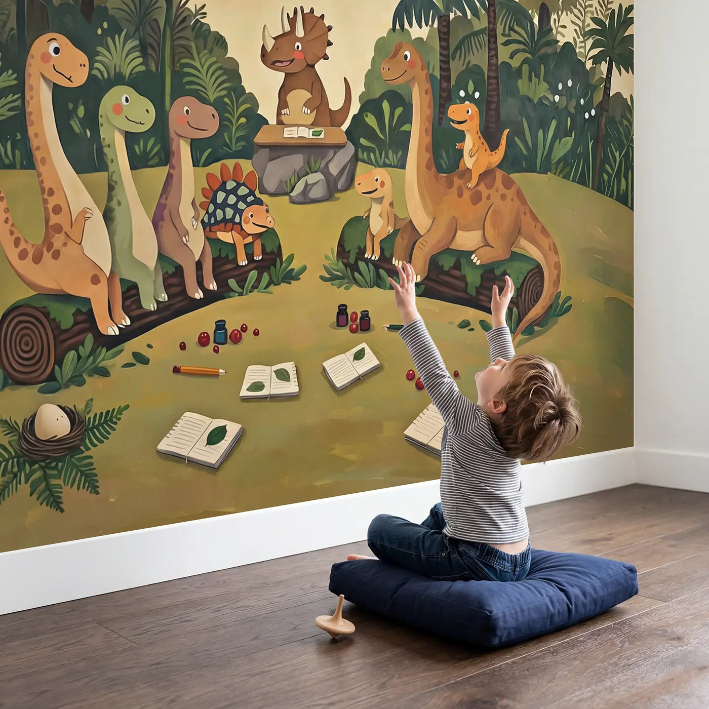 Child in nursery with Baby Dinosaur School Wallpaper Mural by Whimsy Tots