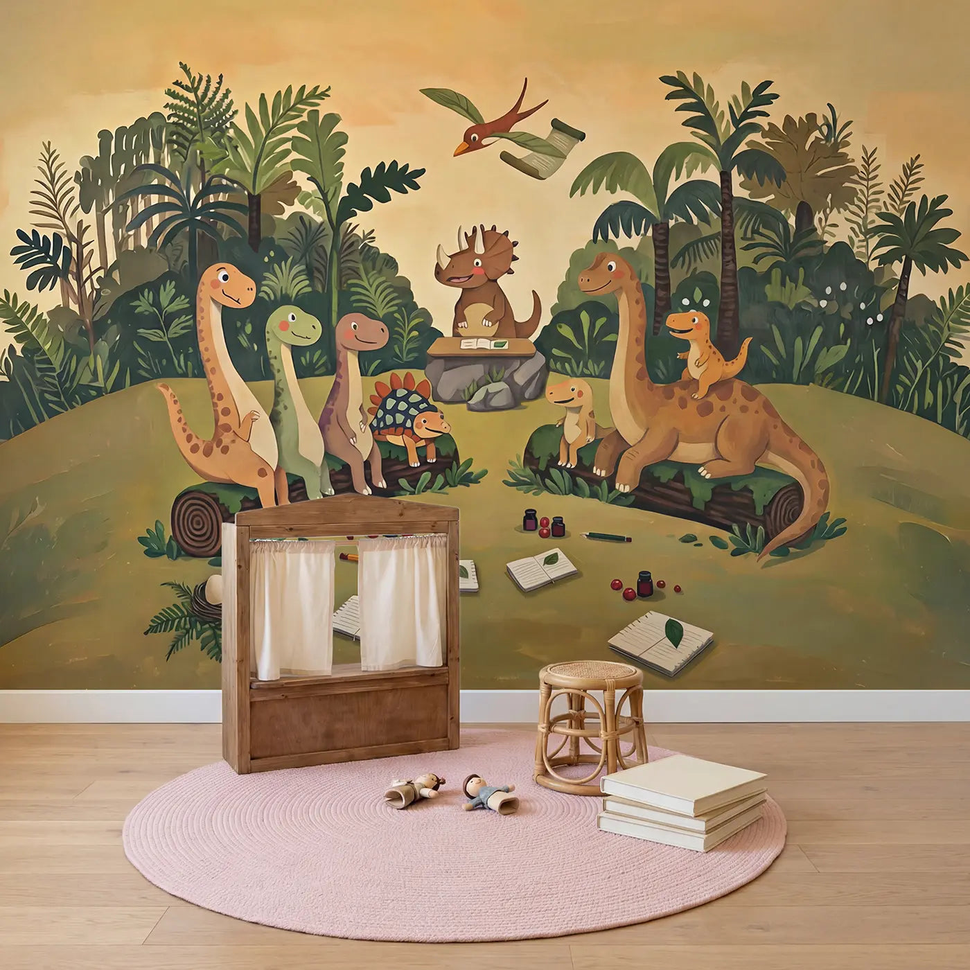 Baby Dinosaur School Wallpaper Mural in playroom setting by Whimsy Tots